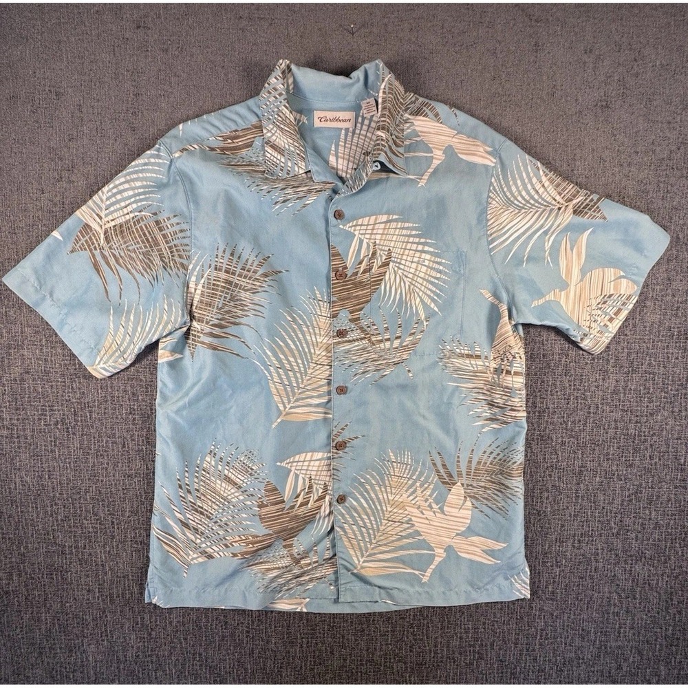 Caribbean Shirt‎ Mens M Blue Hawaiian Palm Leaf Button Up